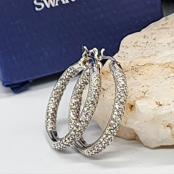 Swarovski Jewelry Matrix Earrings White Topaz Sterling 925 Silver Hoops
